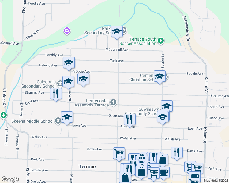map of restaurants, bars, coffee shops, grocery stores, and more near 3601 Eby Street in Terrace