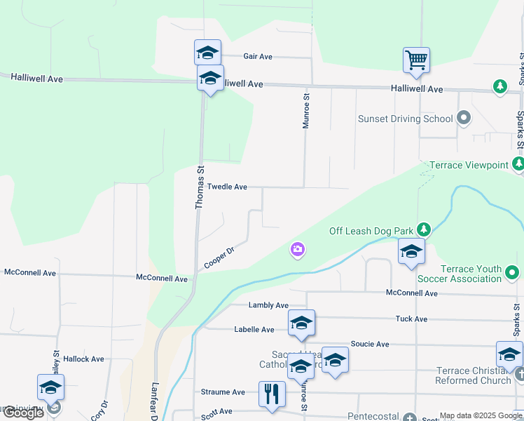 map of restaurants, bars, coffee shops, grocery stores, and more near Terrace Street in Terrace