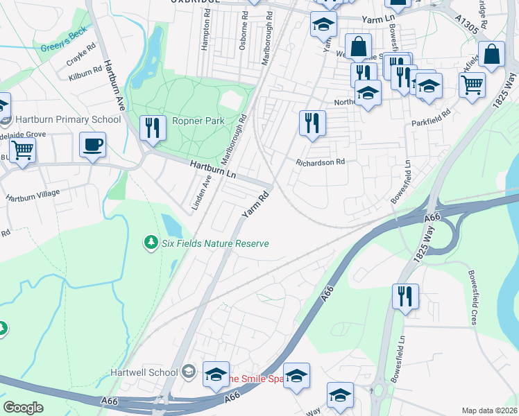 map of restaurants, bars, coffee shops, grocery stores, and more near Yarm Road in Stockton-on-Tees