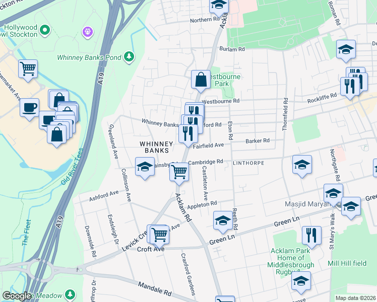map of restaurants, bars, coffee shops, grocery stores, and more near 69 Acklam Road in Middlesbrough