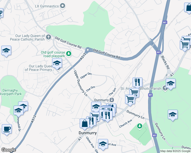 map of restaurants, bars, coffee shops, grocery stores, and more near 27 Upper Green in Dunmurry