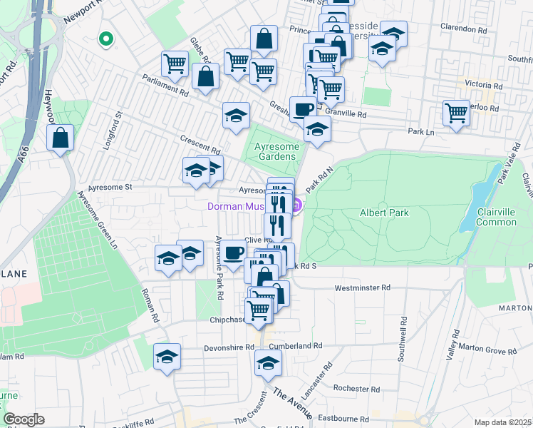 map of restaurants, bars, coffee shops, grocery stores, and more near Caxton Street in Middlesbrough