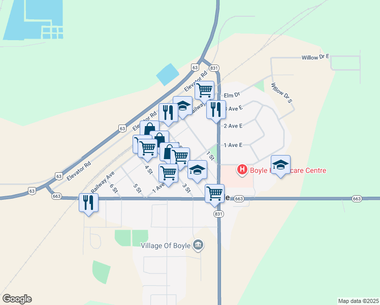 map of restaurants, bars, coffee shops, grocery stores, and more near 5107 2 Street in Boyle