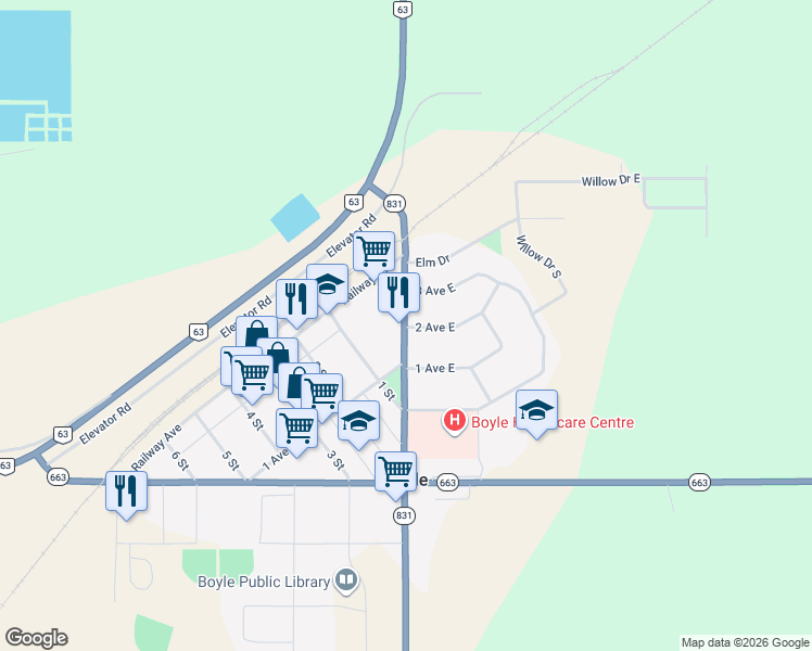 map of restaurants, bars, coffee shops, grocery stores, and more near Lakeview Road in Boyle