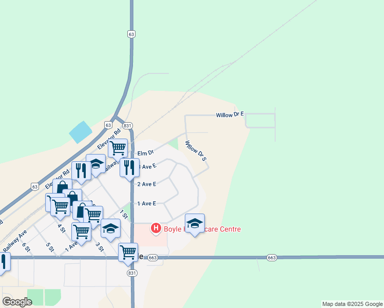 map of restaurants, bars, coffee shops, grocery stores, and more near 5311 Willow Drive South in Boyle