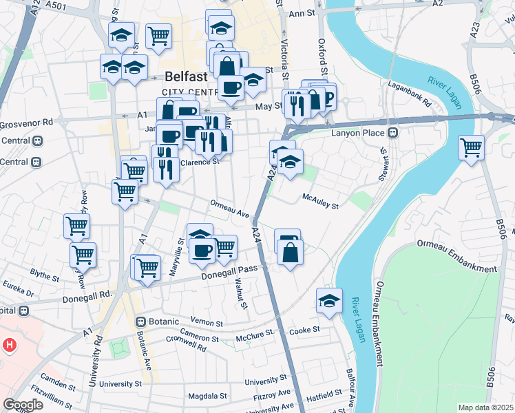map of restaurants, bars, coffee shops, grocery stores, and more near 157 Cromac Street in Belfast