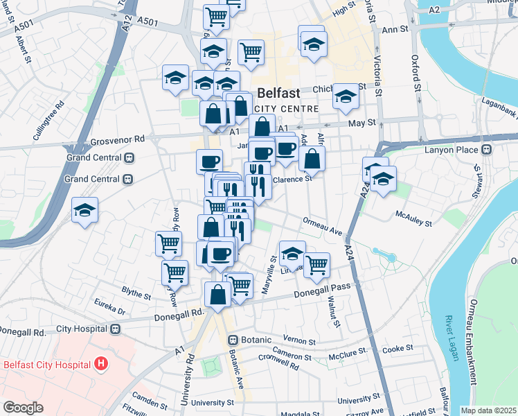 map of restaurants, bars, coffee shops, grocery stores, and more near 24 Ormeau Avenue in Belfast