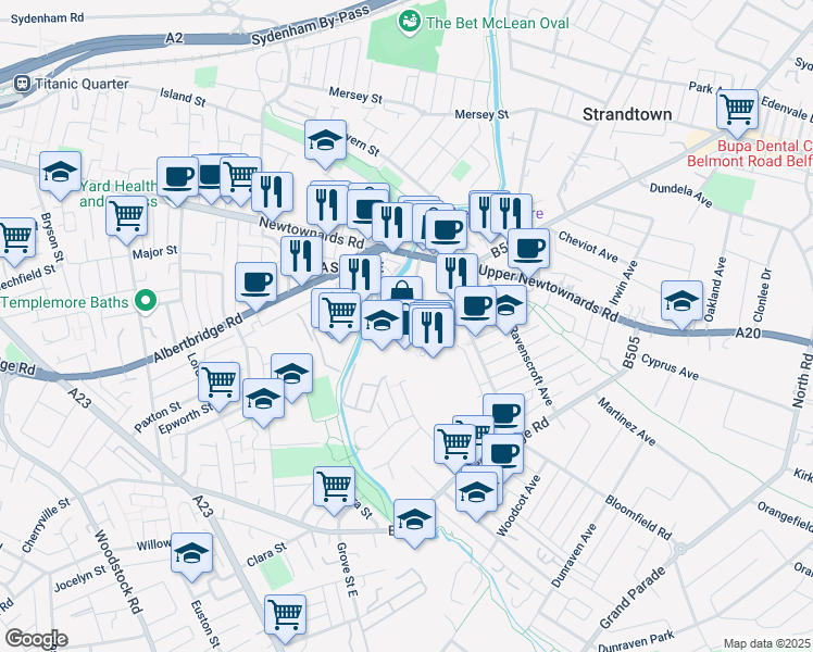 map of restaurants, bars, coffee shops, grocery stores, and more near East Bread Street in Belfast