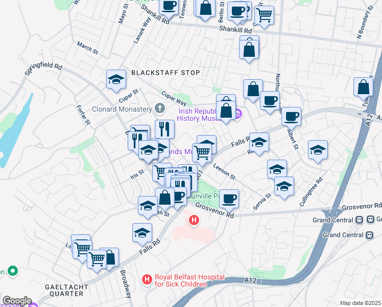 map of restaurants, bars, coffee shops, grocery stores, and more near 6 Odessa Street in Belfast