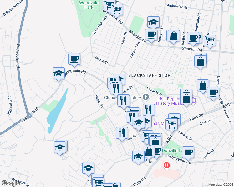 map of restaurants, bars, coffee shops, grocery stores, and more near 223 Springfield Road in Belfast