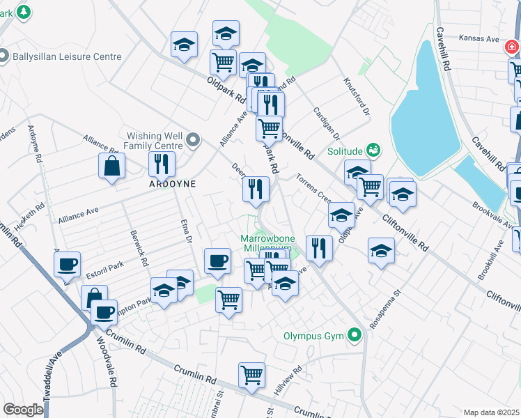 map of restaurants, bars, coffee shops, grocery stores, and more near Oldpark Road in Belfast