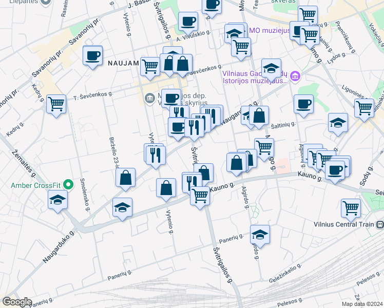 map of restaurants, bars, coffee shops, grocery stores, and more near 13 Švitrigailos gatvė in Vilnius