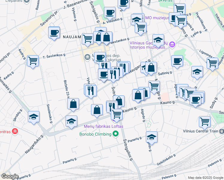 map of restaurants, bars, coffee shops, grocery stores, and more near 13 Švitrigailos gatvė in Vilnius