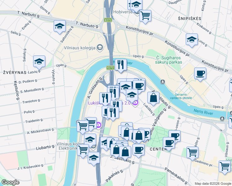 map of restaurants, bars, coffee shops, grocery stores, and more near 16 Gynėjų gatvė in Vilnius