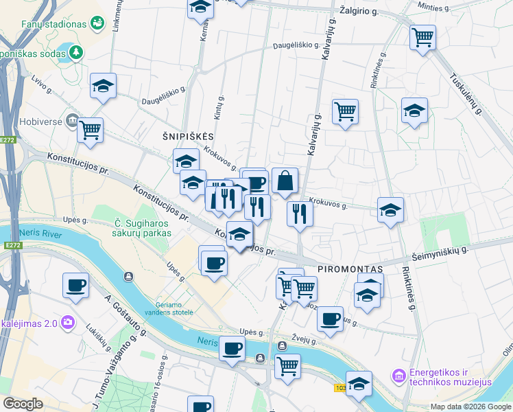 map of restaurants, bars, coffee shops, grocery stores, and more near 25 Lvovo gatvė in Vilnius