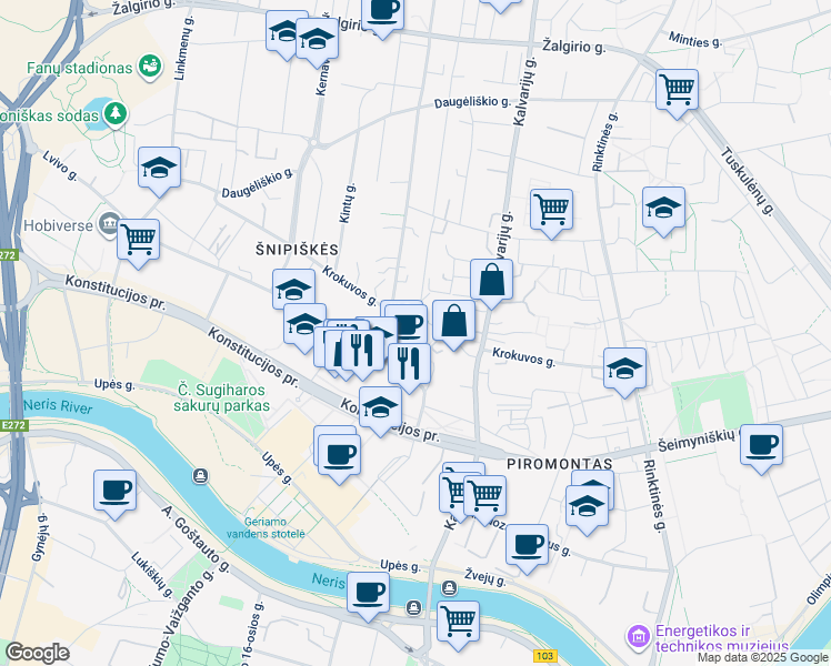 map of restaurants, bars, coffee shops, grocery stores, and more near 25 Lvovo gatvė in Vilnius
