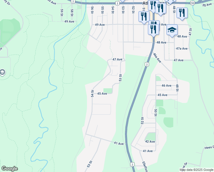 map of restaurants, bars, coffee shops, grocery stores, and more near 4504 54 Street in Athabasca