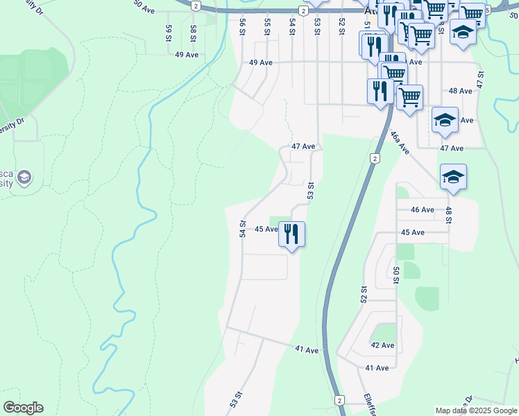 map of restaurants, bars, coffee shops, grocery stores, and more near 4504 54 Street in Athabasca