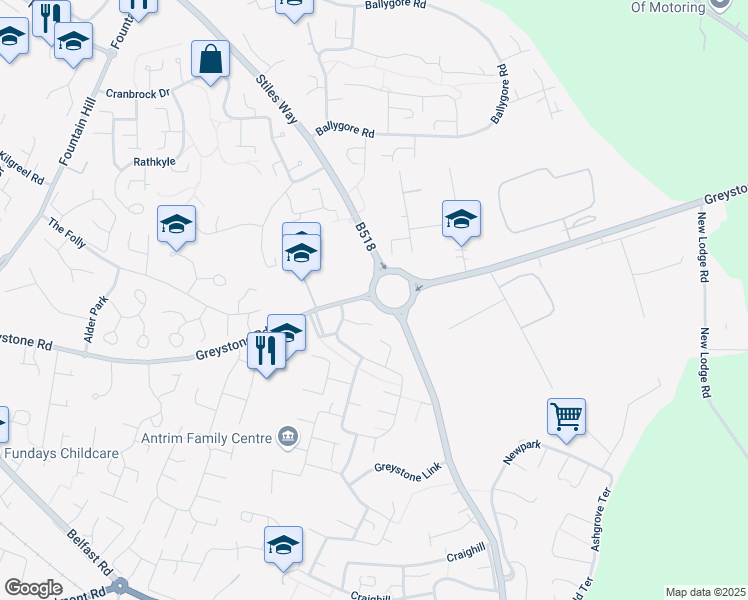 map of restaurants, bars, coffee shops, grocery stores, and more near Greystone Rd in Antrim