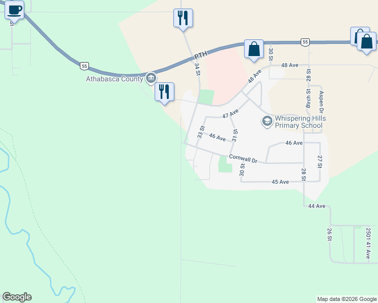 map of restaurants, bars, coffee shops, grocery stores, and more near 3210 Cornwall Drive in Athabasca