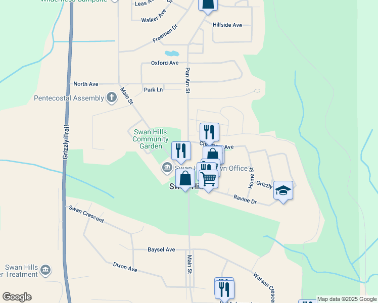 map of restaurants, bars, coffee shops, grocery stores, and more near 4947 Pan Am Street in Swan Hills