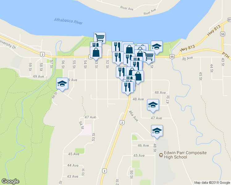 map of restaurants, bars, coffee shops, grocery stores, and more near 4807 51 Street in Athabasca