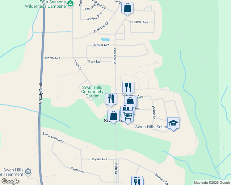 map of restaurants, bars, coffee shops, grocery stores, and more near 5618 Pan Am Street in Swan Hills
