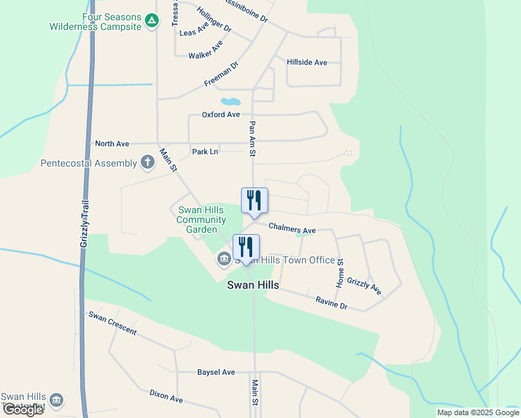 map of restaurants, bars, coffee shops, grocery stores, and more near 5627 Pan Am Street in Swan Hills