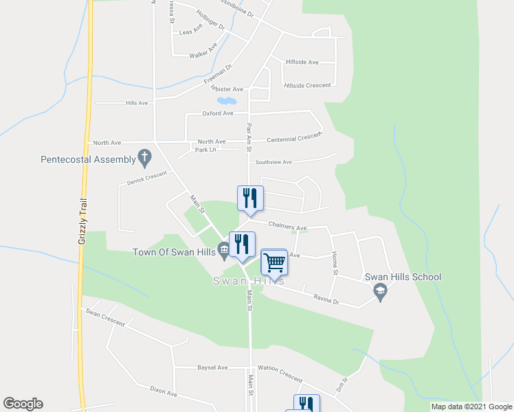 map of restaurants, bars, coffee shops, grocery stores, and more near 5627 Pan Am Street in Swan Hills