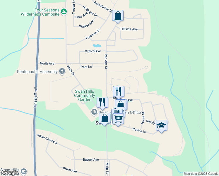 map of restaurants, bars, coffee shops, grocery stores, and more near 5627 Pan Am Street in Swan Hills