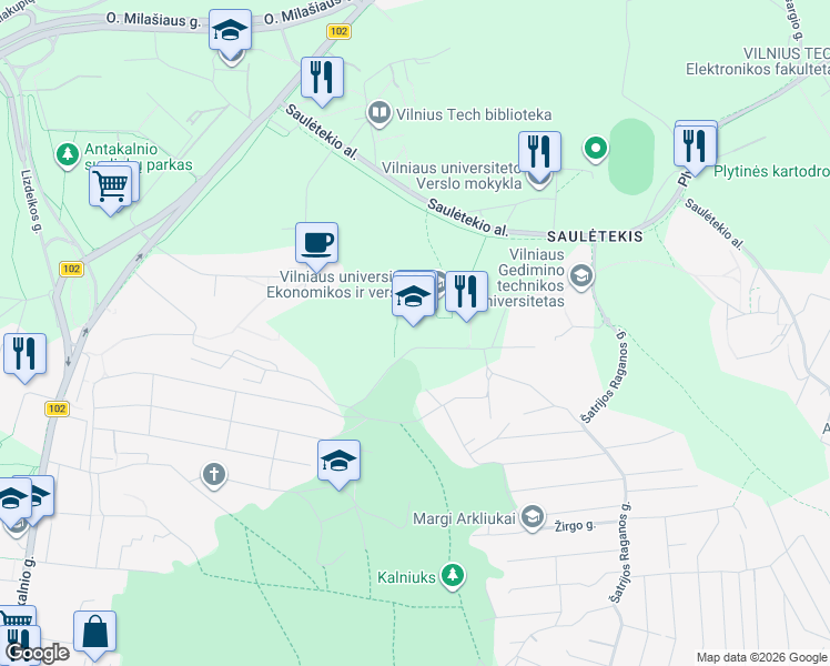 map of restaurants, bars, coffee shops, grocery stores, and more near 9 Saulėtekio alėja in Vilnius