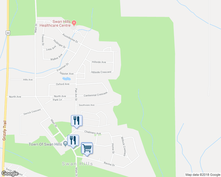 map of restaurants, bars, coffee shops, grocery stores, and more near 37 Centennial Crescent in Swan Hills