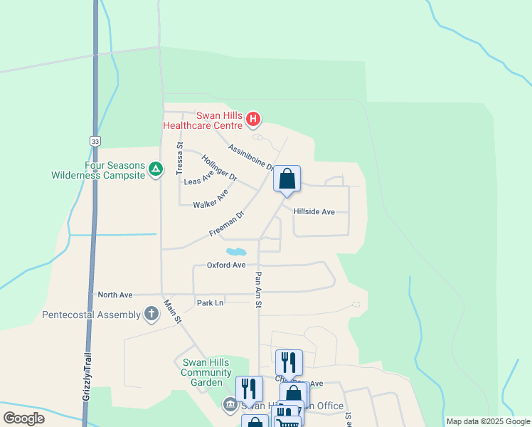 map of restaurants, bars, coffee shops, grocery stores, and more near 7 Pan Am Street in Swan Hills