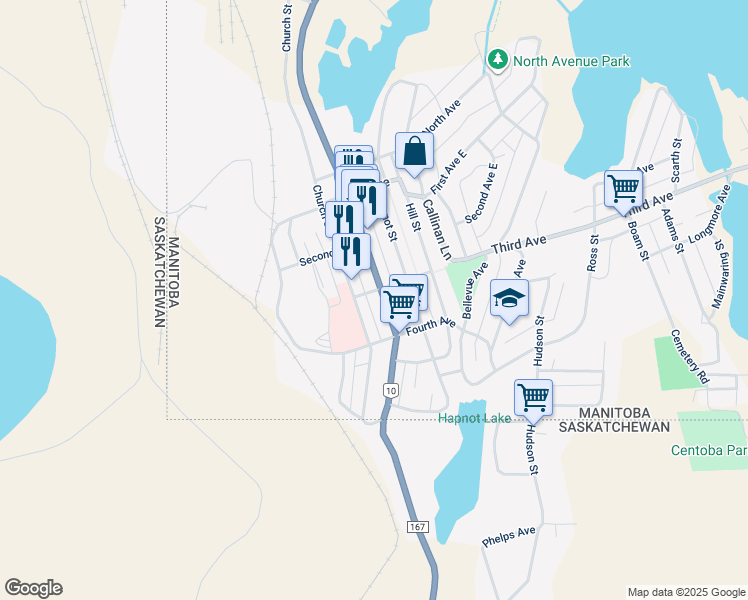 map of restaurants, bars, coffee shops, grocery stores, and more near 54 Main Street in Flin Flon