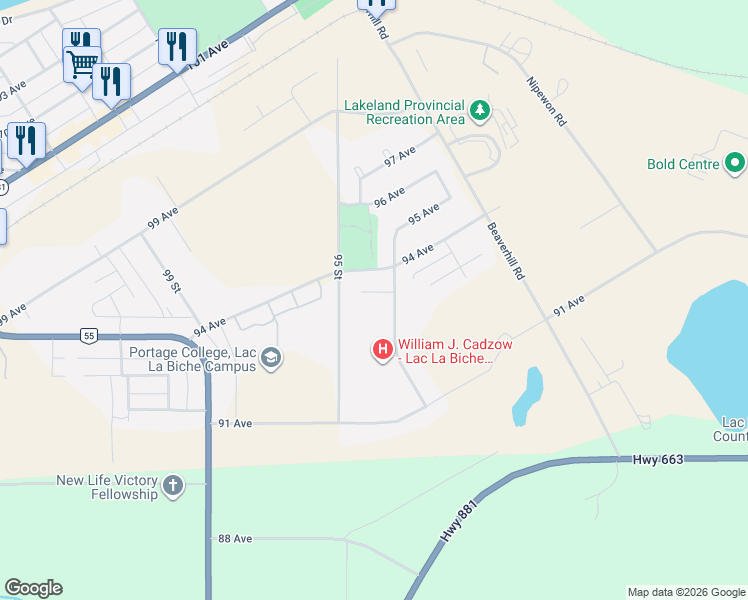 map of restaurants, bars, coffee shops, grocery stores, and more near 9308 93 Avenue in Lac la Biche