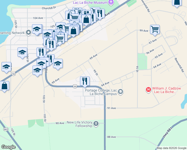 map of restaurants, bars, coffee shops, grocery stores, and more near 9807 101 Street in Lac la Biche