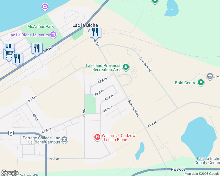map of restaurants, bars, coffee shops, grocery stores, and more near 9112 97 Avenue in Lac la Biche