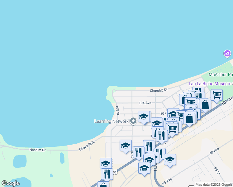 map of restaurants, bars, coffee shops, grocery stores, and more near 10418 104 Avenue in Lac la Biche