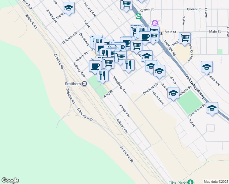 map of restaurants, bars, coffee shops, grocery stores, and more near 1064 King Street in Smithers