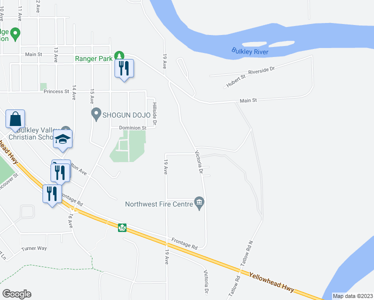 map of restaurants, bars, coffee shops, grocery stores, and more near 2085 Carnaby Street in Smithers