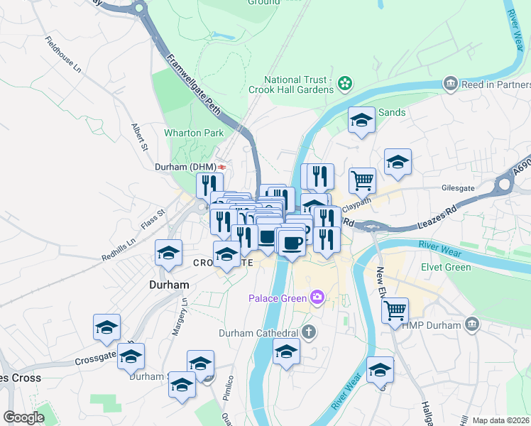 map of restaurants, bars, coffee shops, grocery stores, and more near in County Durham