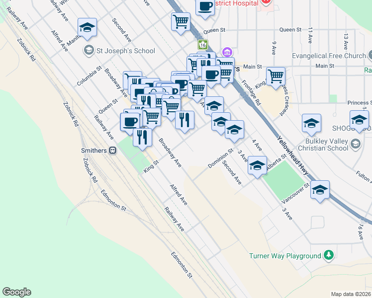 map of restaurants, bars, coffee shops, grocery stores, and more near 3677 1 Avenue in Smithers
