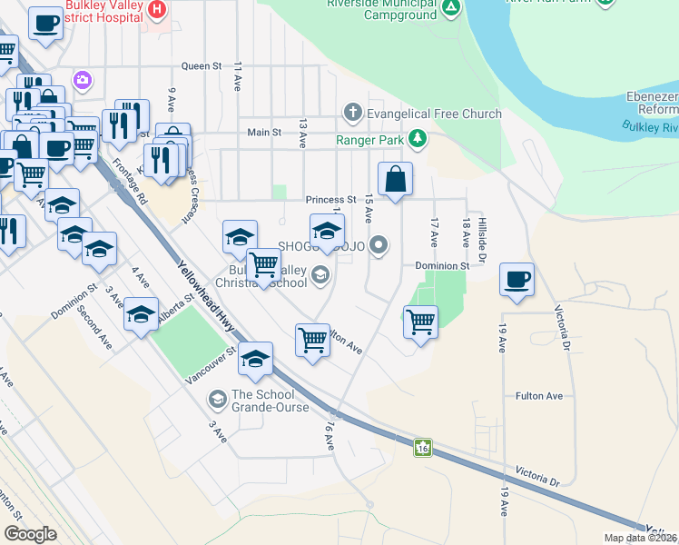 map of restaurants, bars, coffee shops, grocery stores, and more near 3582 14 Avenue in Smithers