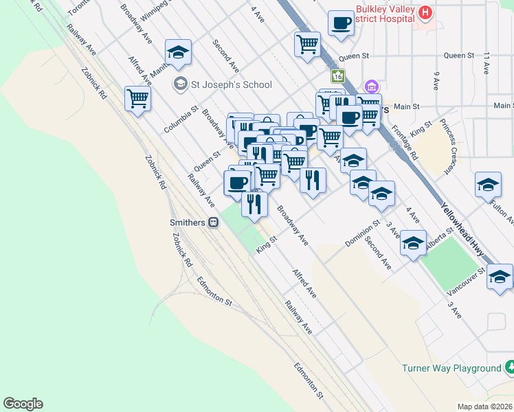 map of restaurants, bars, coffee shops, grocery stores, and more near 3772 Alfred Avenue in Smithers