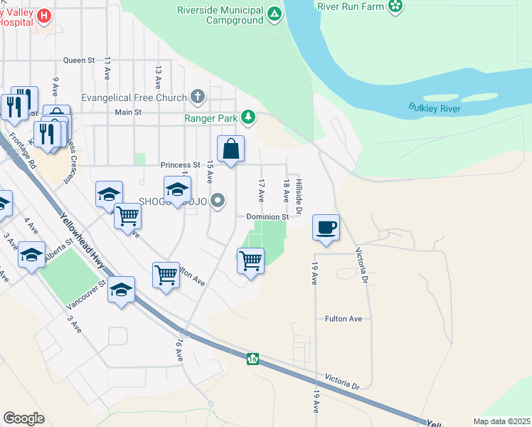 map of restaurants, bars, coffee shops, grocery stores, and more near 1971 Dominion Street in Smithers