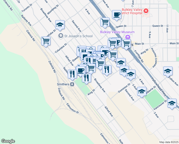 map of restaurants, bars, coffee shops, grocery stores, and more near 3771 Broadway Avenue in Smithers