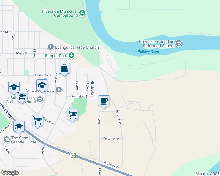 map of restaurants, bars, coffee shops, grocery stores, and more near 3640 Victoria Drive in Smithers
