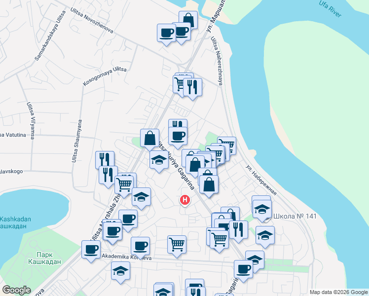 map of restaurants, bars, coffee shops, grocery stores, and more near in Ufa