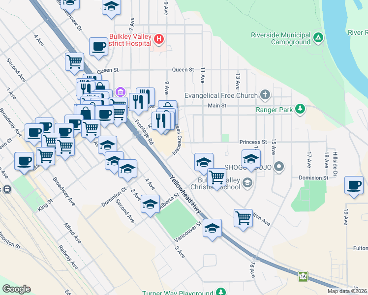 map of restaurants, bars, coffee shops, grocery stores, and more near 3684 Princess Crescent in Smithers