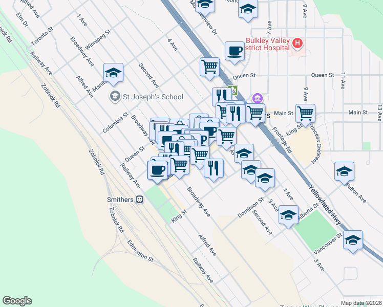 map of restaurants, bars, coffee shops, grocery stores, and more near 1161 Main Street in Smithers